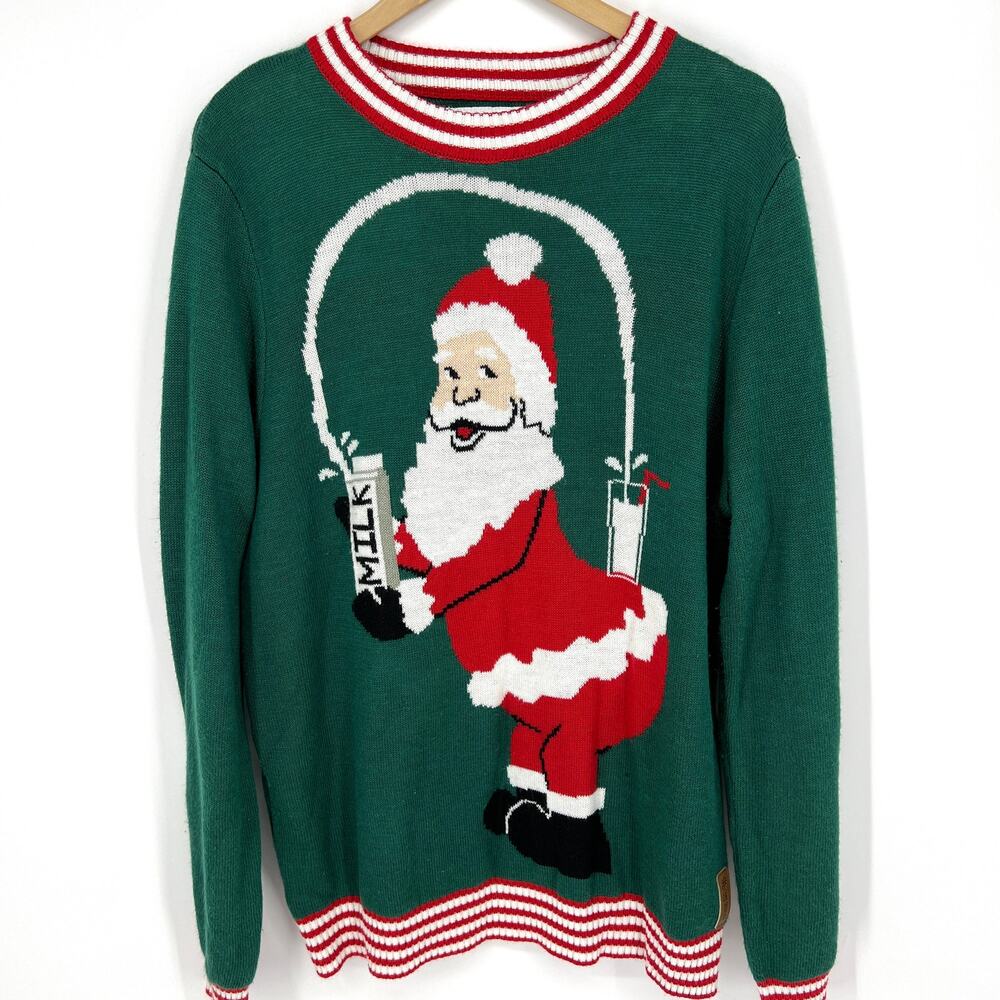 Tipsy Elves Ugly Christmas Sweater Santa Pouring Milk Size Large Green Red